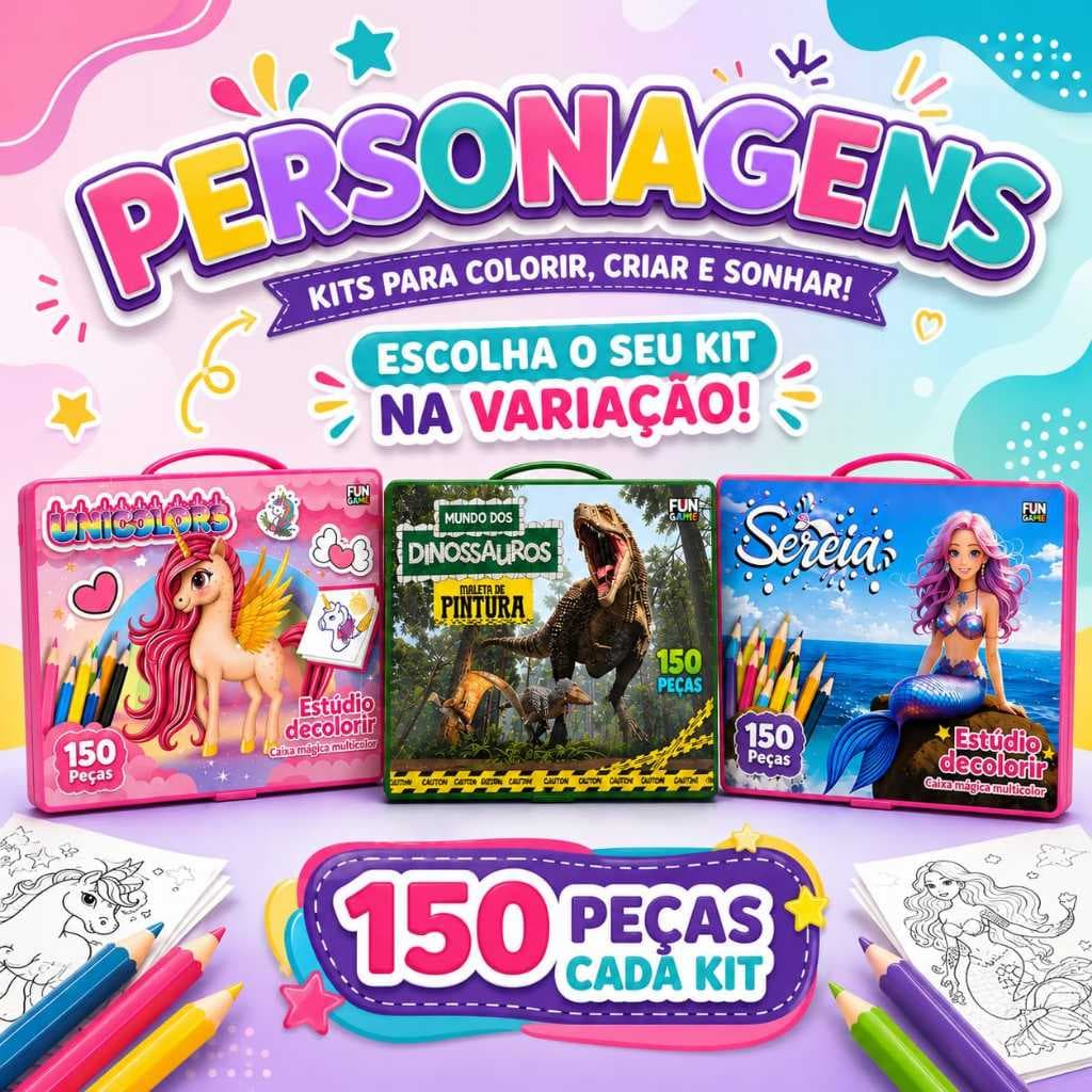 Kit de Artigos Escolares com 150 Peças Fun Game Personagens Estojo Maleta para Desenhar e Colorir Completo Infantil
