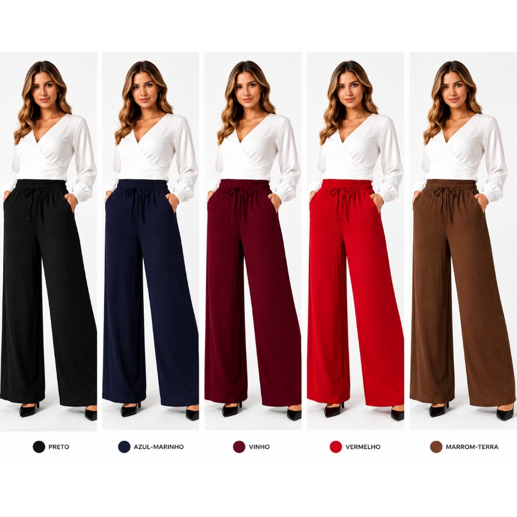 Kit 2 Calças Pantalona Feminina Cintura Alta Tecido Duna Crepe com Bolso Super Elegante