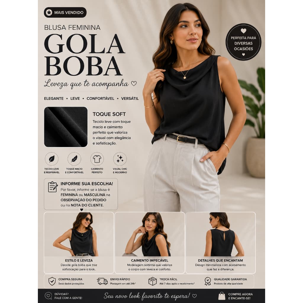 Blusa Feminina Gola Boba Regata Elegante Casual Premium Tecido Leve e Confortáve