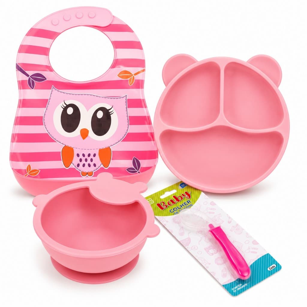 Kit Alimentação Infantil Completo em Silicone (Prato+Tigela+Colher) + Babador Impermeável – Praticidade e Economia