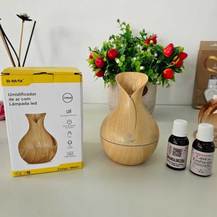 Kit Umidificador de Ar Ultrassônico LED USB 130ml + 2 Essências em Óleo 30ml Aromatizador Difusor Aromático
