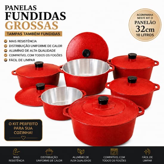 Kit Completo Panelas Alumínio Fundido Grosso 5 Peças +Panelão 32cm 10L Tampas Fundidas Alta Qualidade