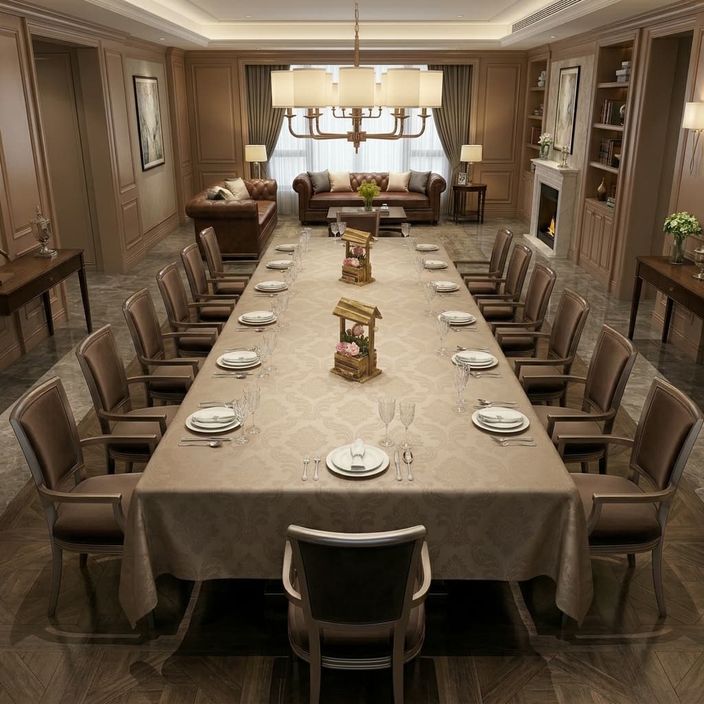 Toalha Forro de Mesa Jacquard Luxo Retangular 18 Lugares 5,00  X 1,40 Bege para Sala, Cozinha e Áreas