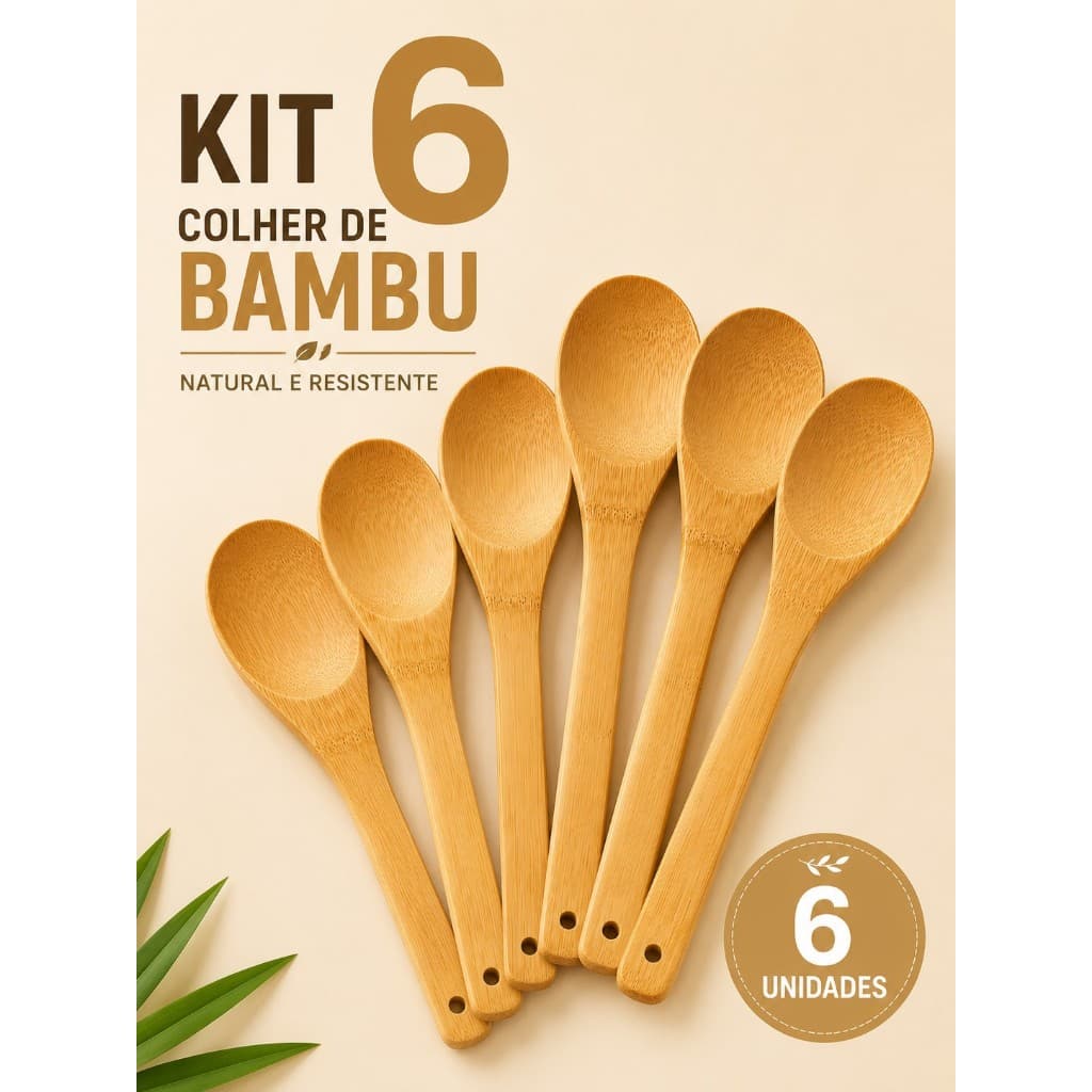 Kit 6 Colheres de Bambu para Cozinha 30cm Utensílios Gourmet Madeira Natural