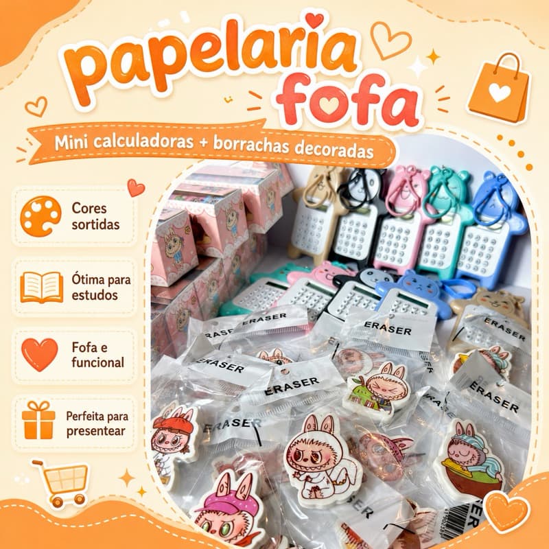 Kit Papelaria Fofa com Mini Calculadora Chaveiro, 2 Borrachas Kawaii e 3 Washi Tapes Decorativas
