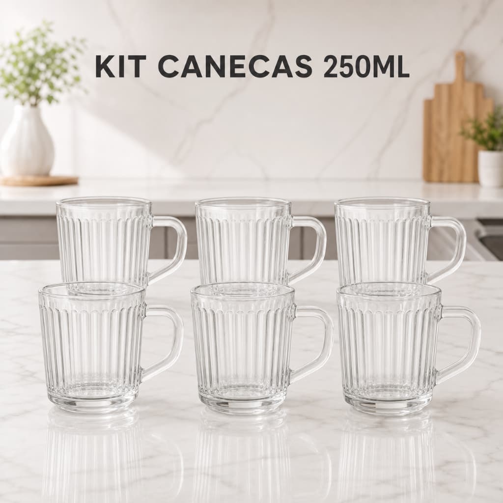 Kit ✨ Canecas 💎 Caneladas de Vidro Transparente 250ml para Café ☕ Chá 🫖 Capuccino 🥤 Conjunto Ou Lisa