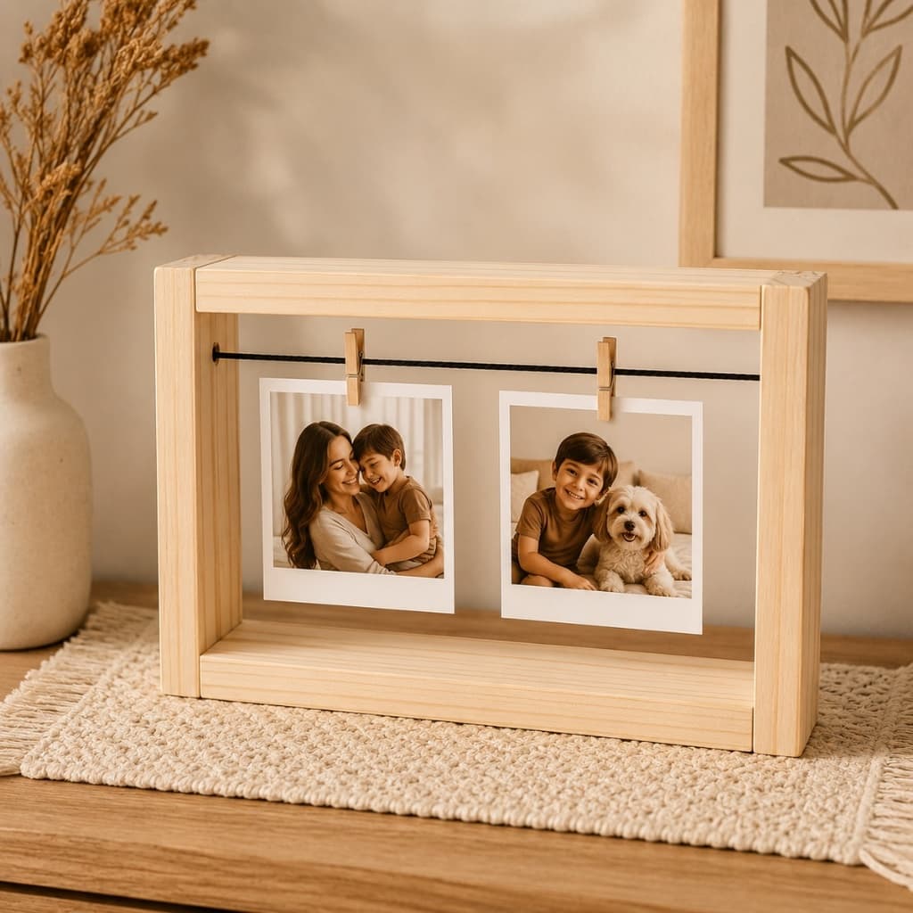Porta Retrato Varal Madeira Pinus com 2 Prendedores Decorativo Sem Vidro