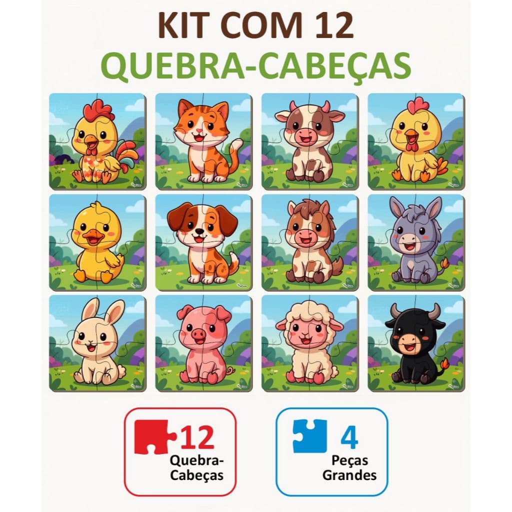 Quebra-Cabeças Infantil Educativo Diversos temas MDF 4 Peças Montessori 2 a 4 Anos