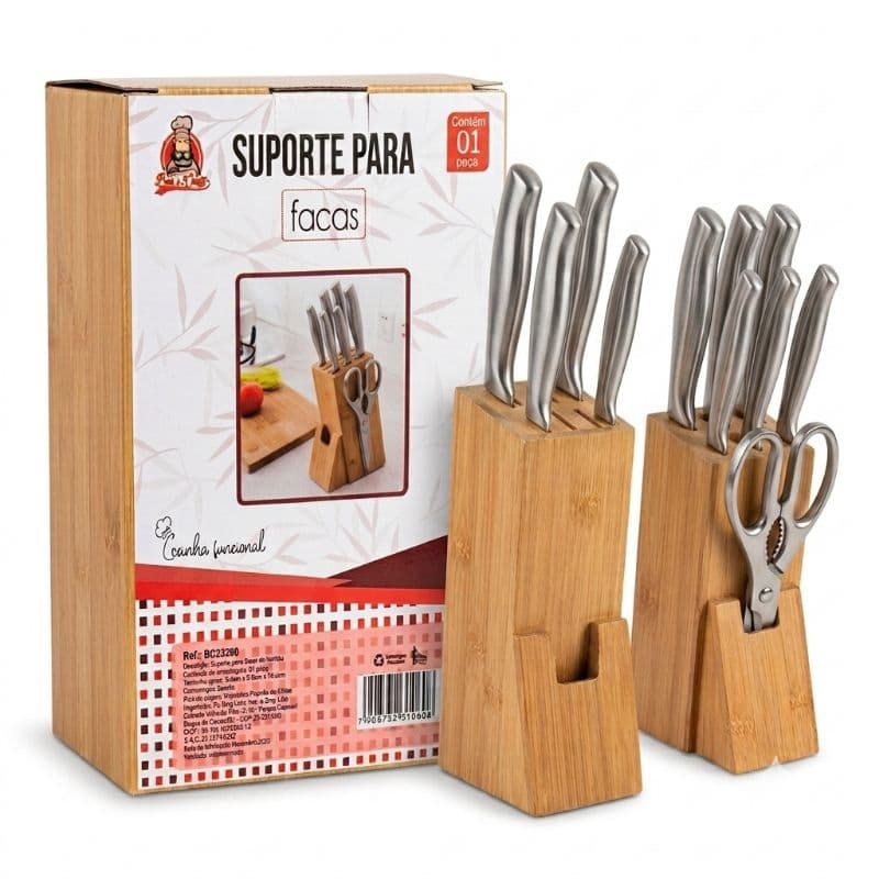 Suporte Para Facas Em Bambú Organizador Facas e Tesoura Para Cozinha Elegante