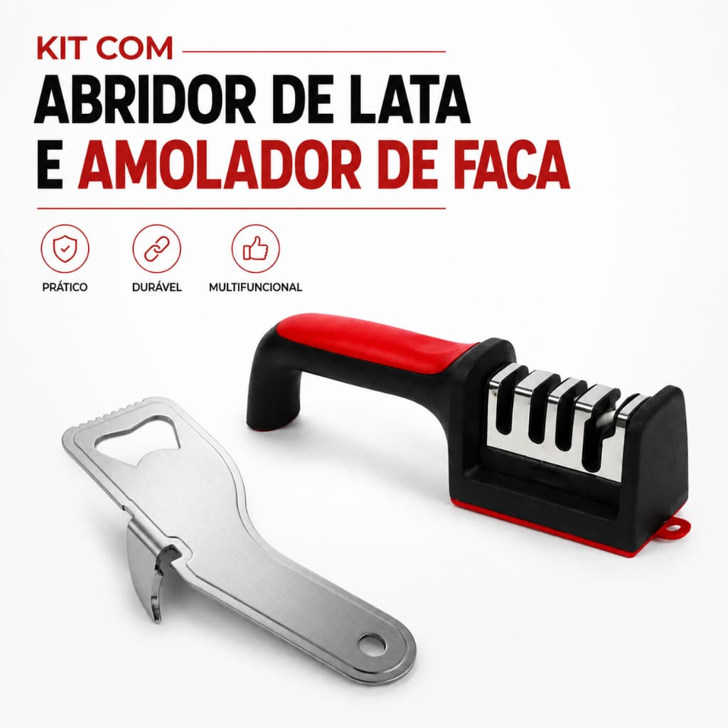 Afiador de Facas 3 Fases Profissional + Abridor de Garrafas e Latas em Aço Inox Kit 2 Peças
