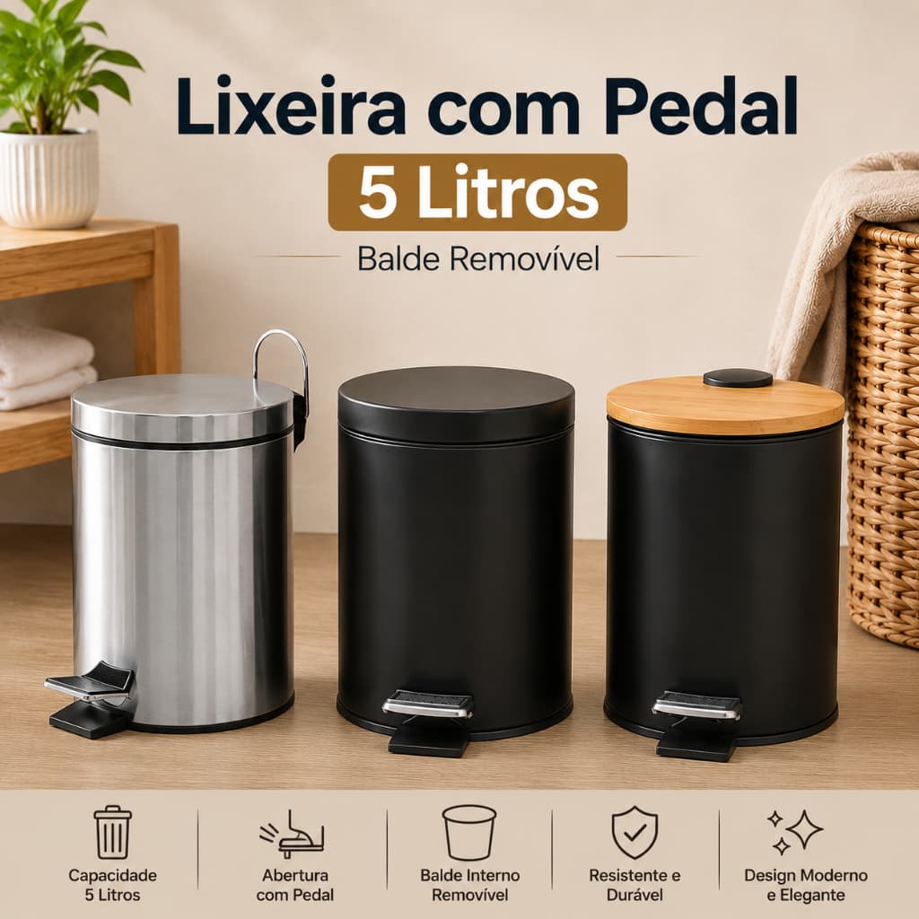 Lixeira 5 Litros Inox Redonda com Pedal Tampa Balde Removivel para Banheiro Cozinha Escritório Design Moderno