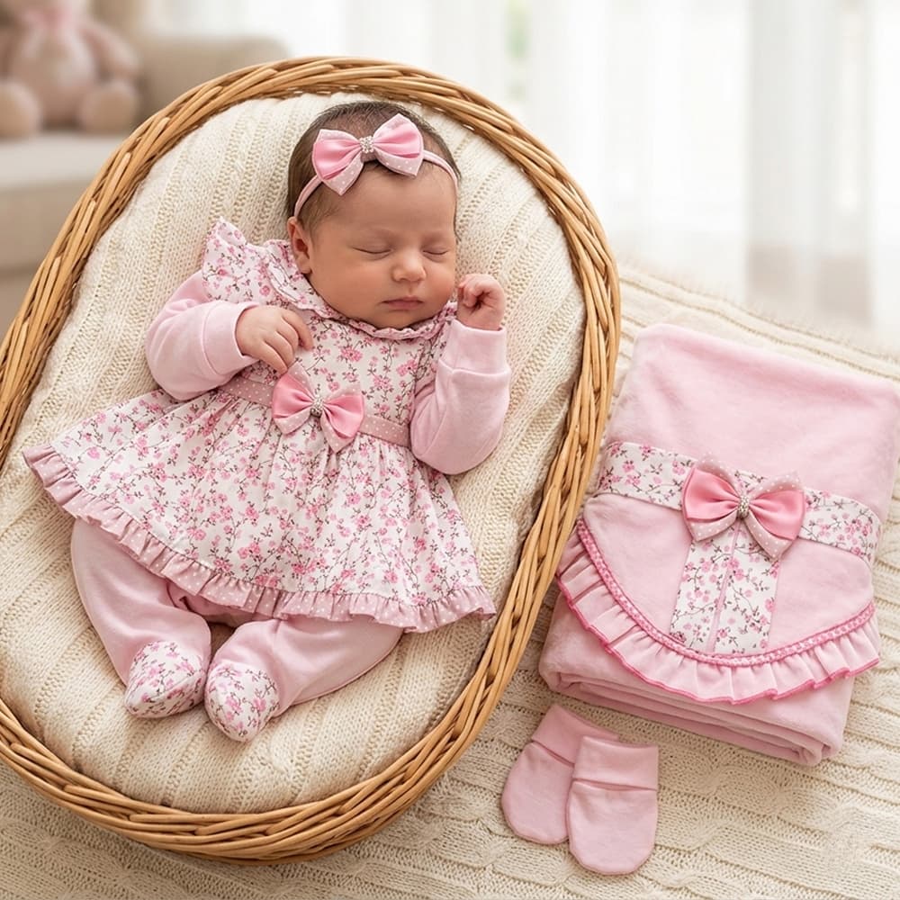 Saída de Maternidade Menina Delicada Para Bebê Amora Floral 05 Peças