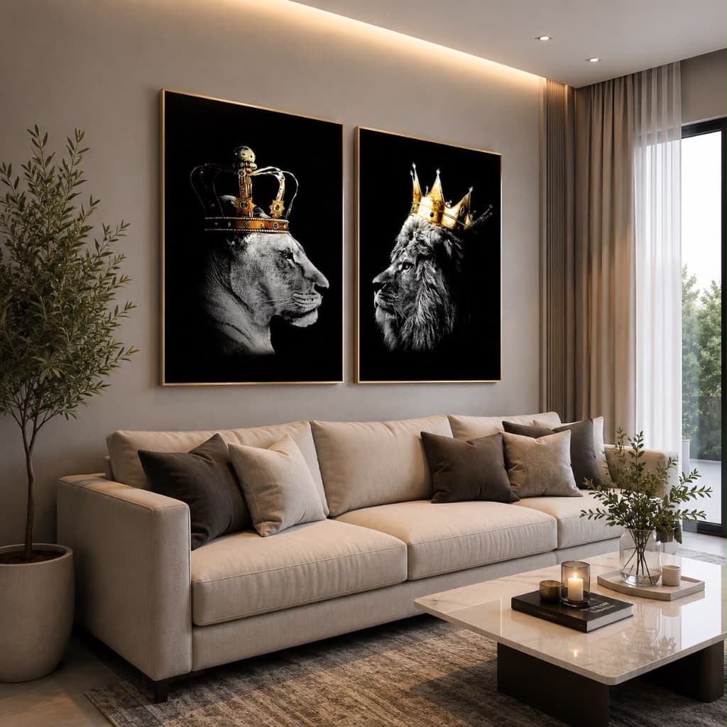 Quadro Decorativo Kit 2 Peças Leao Leoa Rei e Rainha Da Selva Casal Empreendedor Sala Escritorio