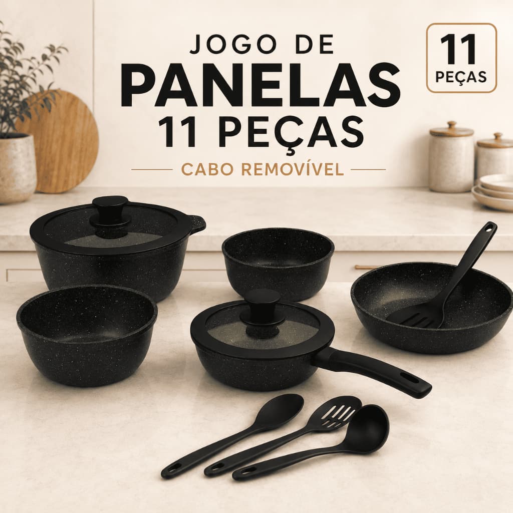 Jogo de Panelas 11 Peças com Revestimento Cerâmico Antiaderente Cabo Removível Indução e Forno