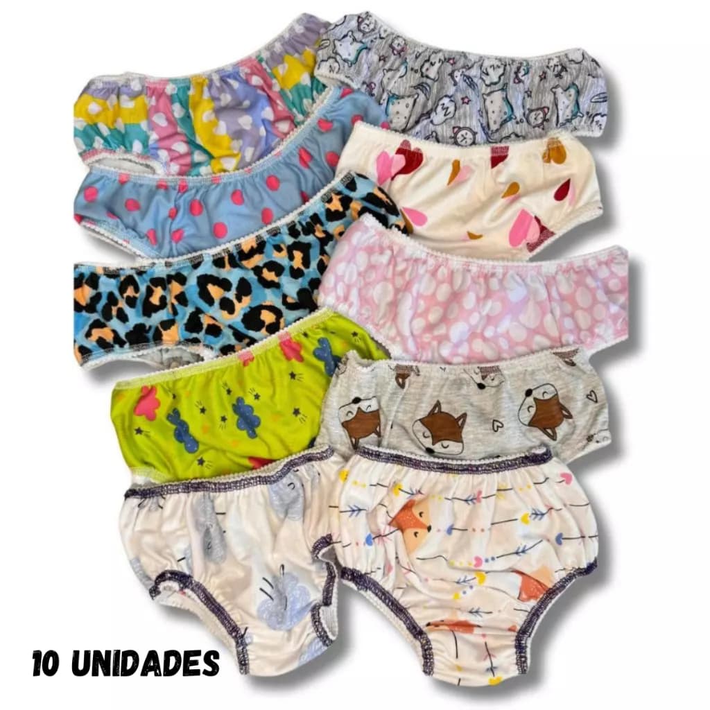 Kit 10 Calcinhas Infantil e Juvenil Para Meninas de 1 a 9 anos Forro 100% Algodão