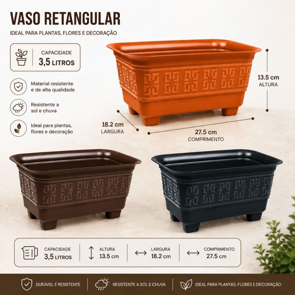 Kit 3 Vasos Retangular Jardineira 3,5Litros Decoraçao Plantas Mudas