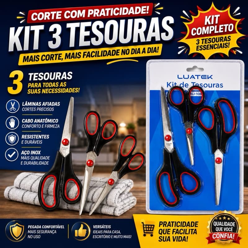 Kit 3 Tesouras Aço Inox - Corte preciso para costura, artesanato, escritório e uso domestico