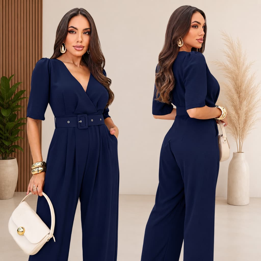 Macacão Pantalona Feminino Tecido Duna  Manga 3/4 decote em V
