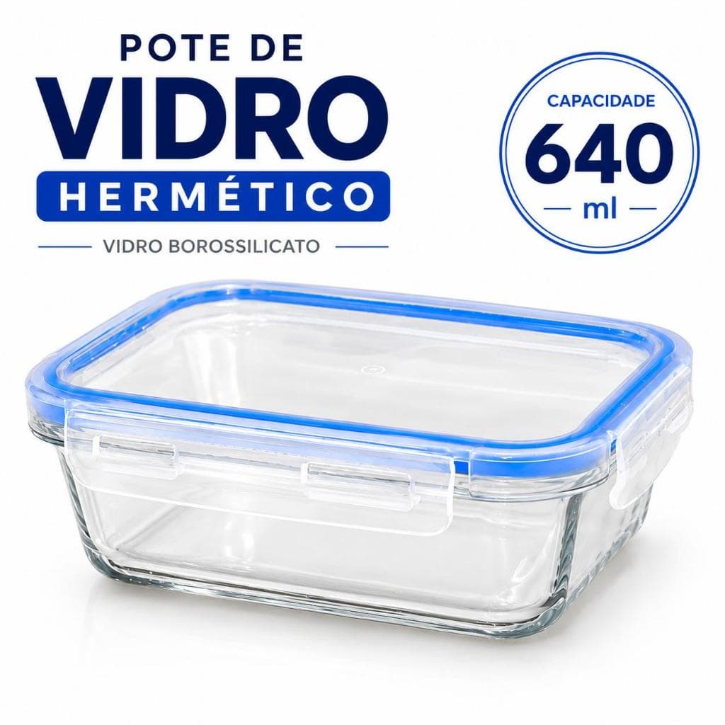 Pote de Vidro Hermético 640ml Kit 1 2 e 4 Potes Marmita Fit para Alimentos Com Tampa 4 Travas