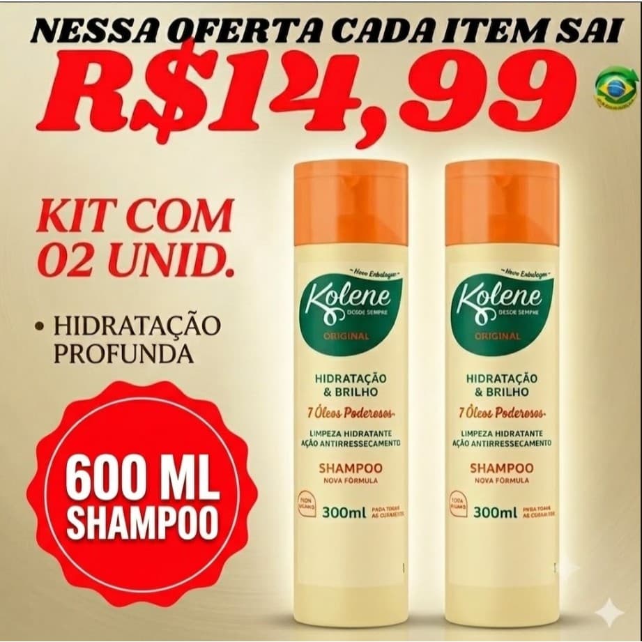 Kit 2 Shampoo Kolene Original 300ml Hidratação Antiressecamento Nutrição Capilar Limpeza Profunda Original