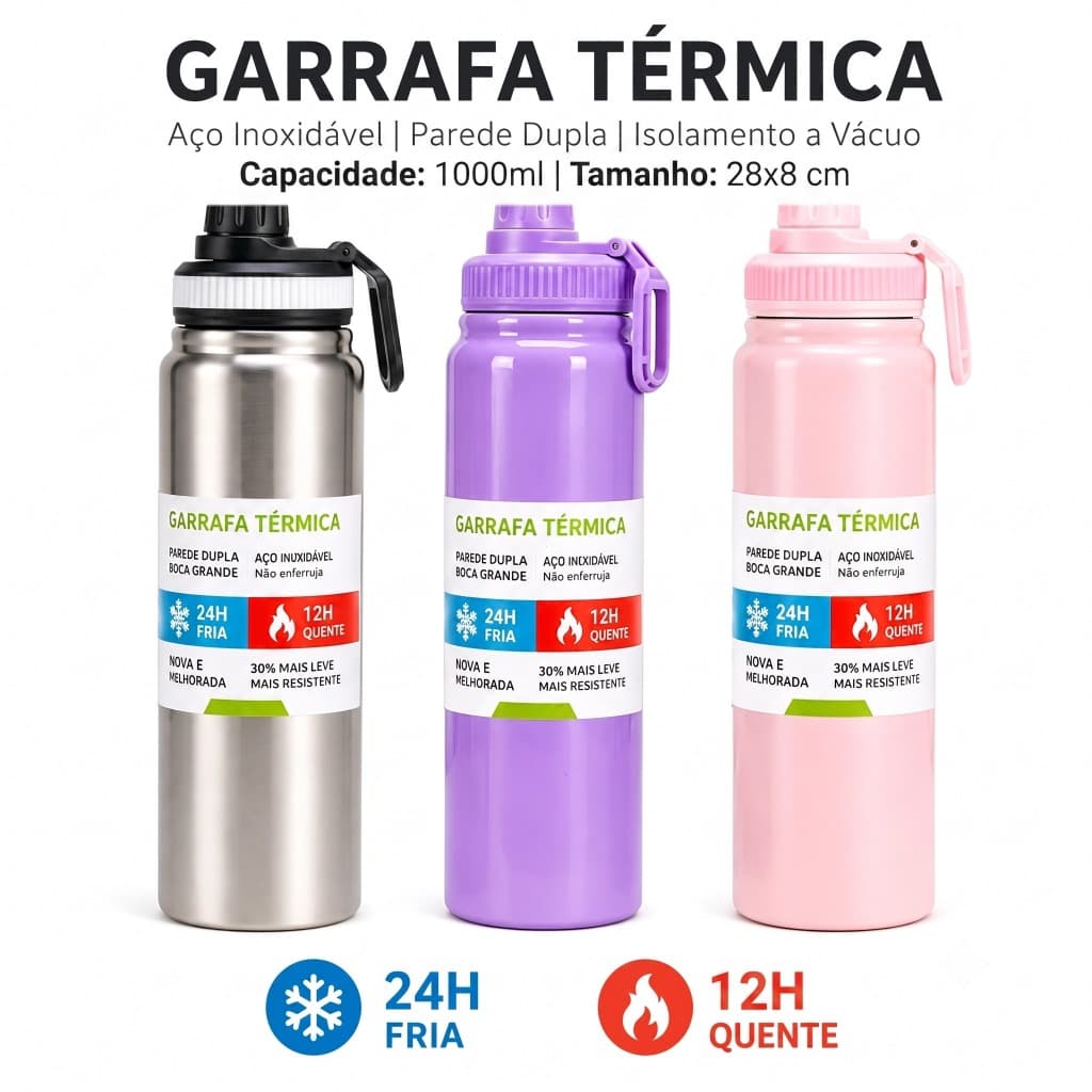 Garrafa térmica de 1.000 ml, para bebidas quentes e frias, ideal para atividades ao ar livre e uso diário