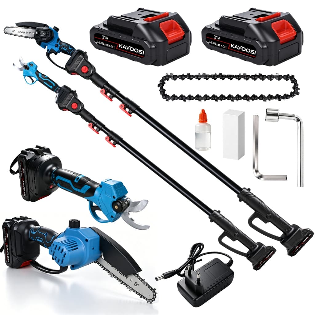 Kit Jardim 3 em 1 Motosserra 6 Pol e Tesoura Elétrica de Poda com Extensor Telescópico 2 Baterias KAYOOSI
