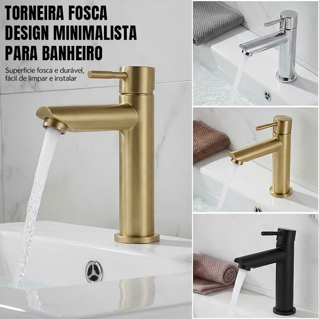 Torneira Inox Água Fria Única Para Lavatório Banheiro Resistente Ferrugem Preto/Dourado/Prateado