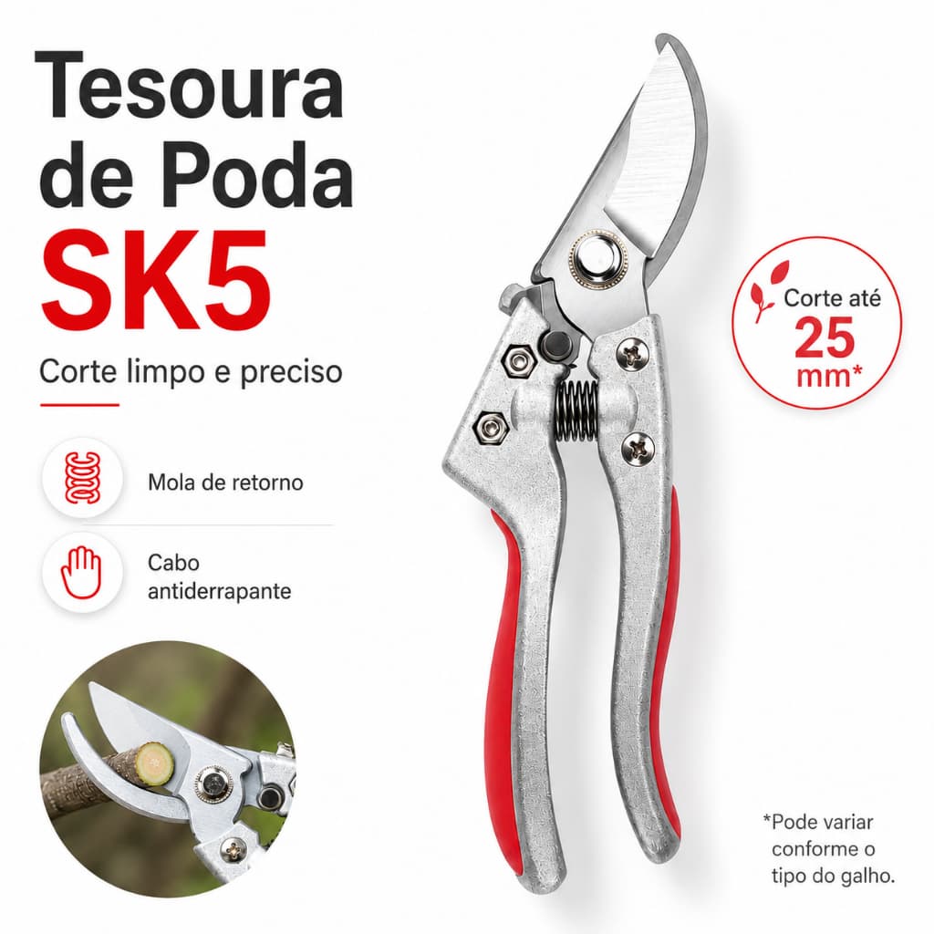 Tesoura de Poda para Jardim SK5 21 cm com Mola e Cabo Antiderrapante para Galhos até 25 mm