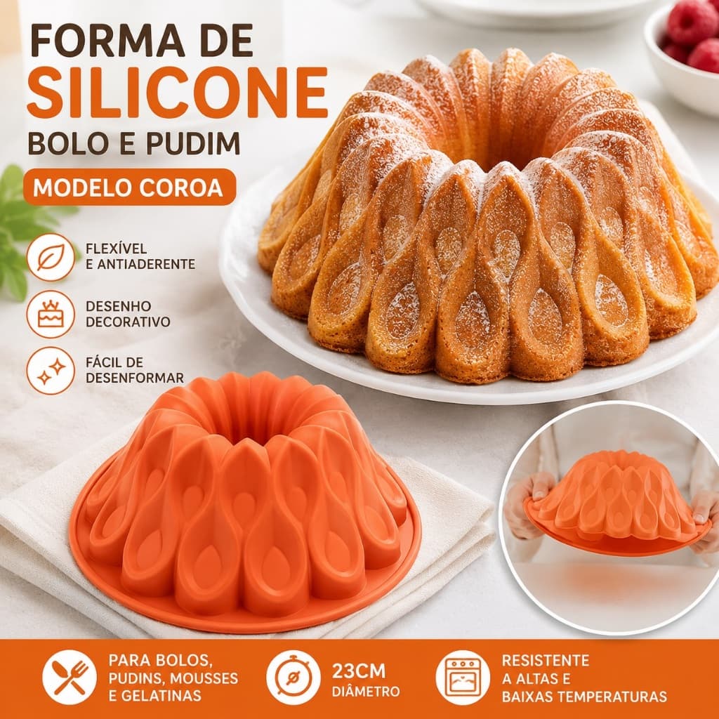 Forma de Silicone Forma para Bolo e Pudim com Furo no Meio Modelo Coroa Redonda 23cm