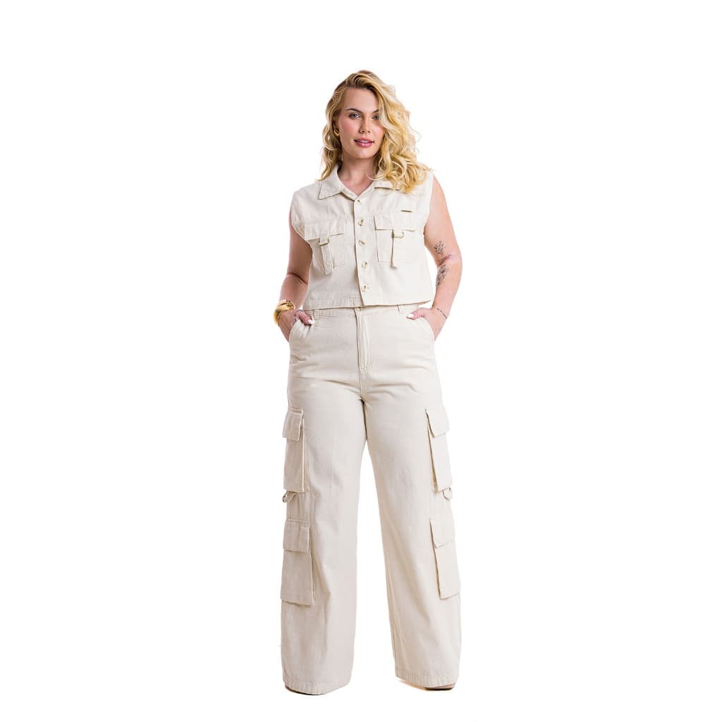 Conjunto Plus Size Colete E Calça Pantalona Cargo de Linho Premium Estiloso