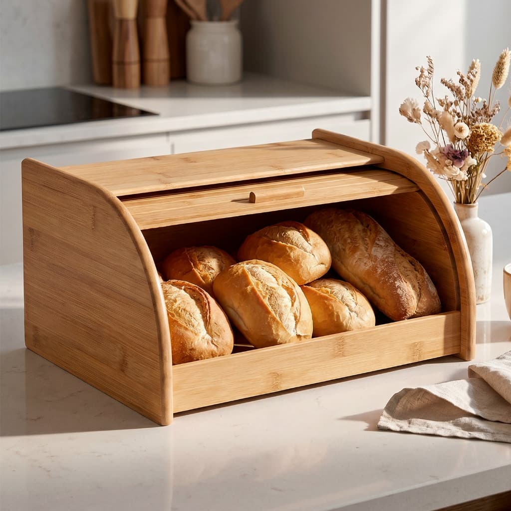Porta Pão de Bambu com Tampa Basculante Retrátil Organizador Para Cozinha Pães Bolos e Tortas Resistente