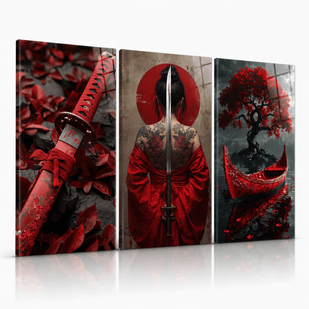 Kit 3 Quadros Decorativos Samurai Japonês Katana Árvore Vermelha Estilo Oriental Canvas Sem Moldura Sala Quarto Escritór