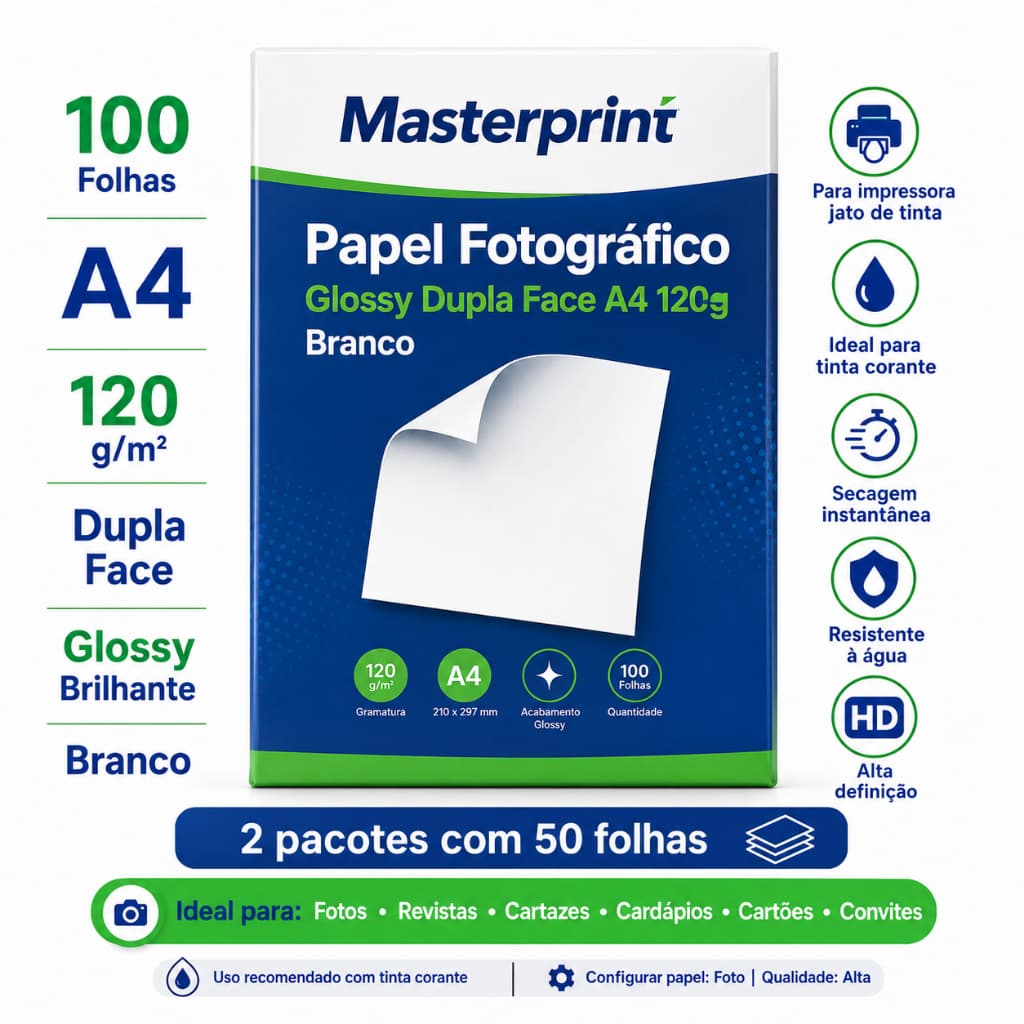 Papel Fotográfico Dupla Face A4 120g Brilhante 100 Folhas Masterprint Branco