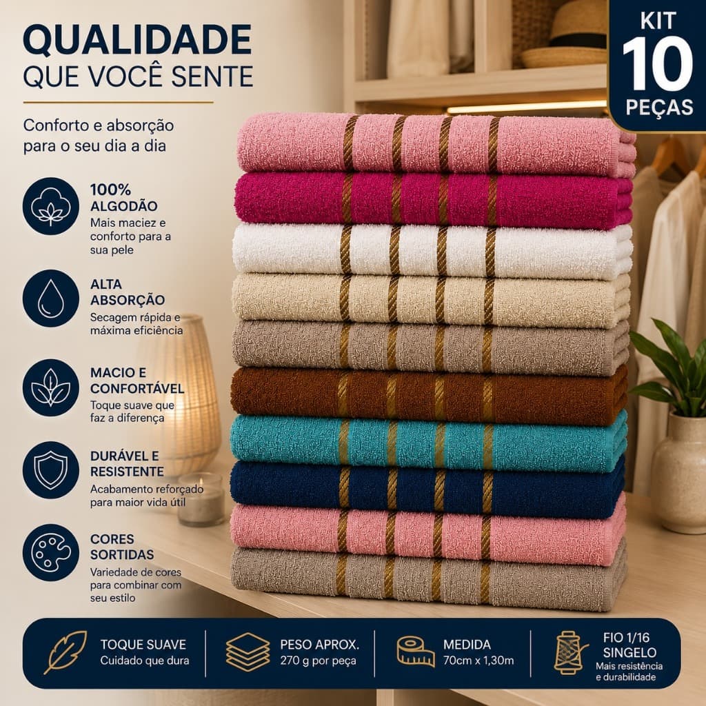 Kit Com 10 Toalhas De Banho Macia Premium 100% Algodão Toalhas De Banho Felpudas 130 X 70cm