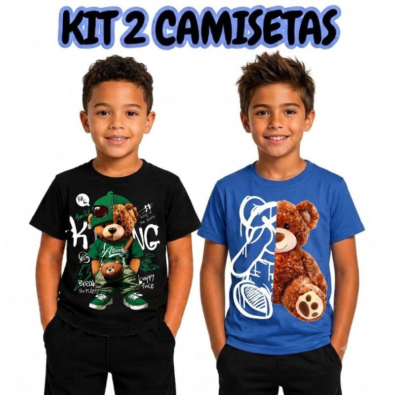 Kit 2 Camisetas Infantis Básicas estampadas perfeitas para o dia a dia Algodão Menino Do 2 Ao 12