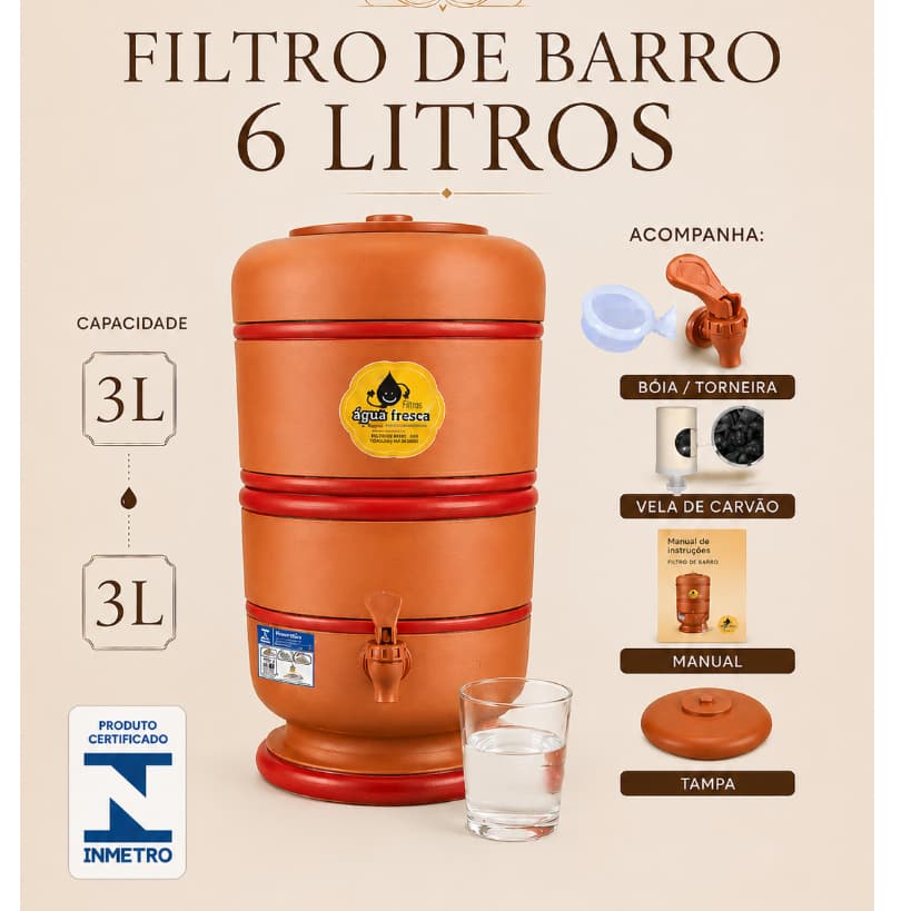 FILTRO DE BARRO 6 LITROS ( acessórios e selo INMETRO)