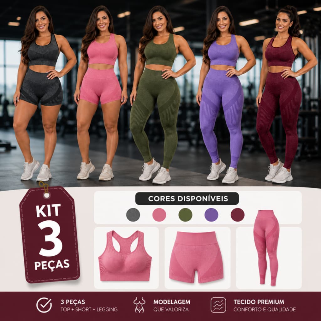 Kit 3 Peças Conjunto Fitness Feminino Top + Short + Legging Cintura Alta Empina Bumbum Zero Transparência