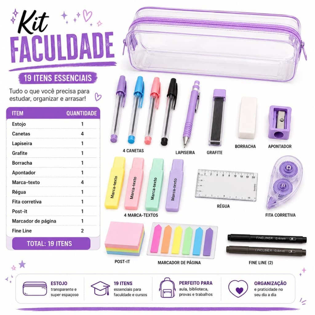 Kit Faculdade Completo com Estojo | 19 Itens para Estudos, Faculdade e Concursos