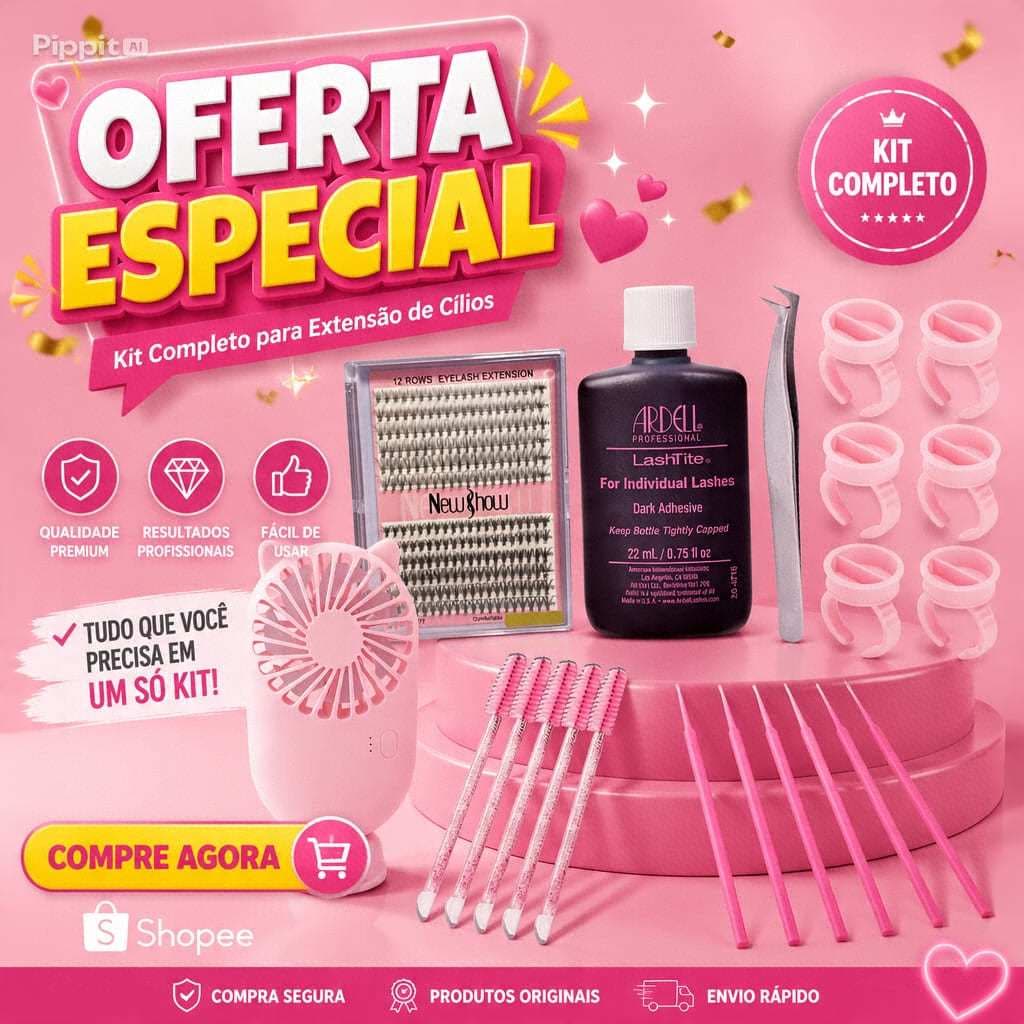 Kit Cilios Tufinho New Show + Cola Completo Pinça Ventilador Batoque Microbrush Profissional!