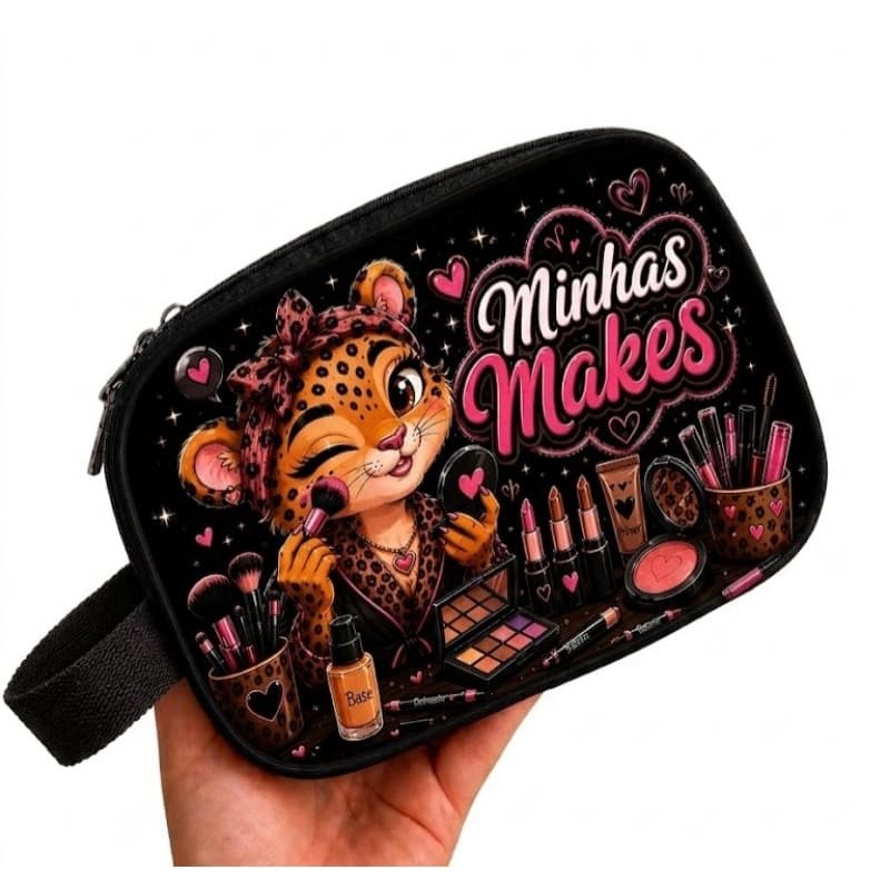 Necessaire Grande Feminina Porta Maquiagem Oncinha Fofa | Organizador de Make para Viagem e Dia a Dia
