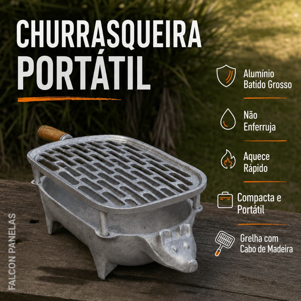 Churrasqueira Porcão em Alumínio Batido/Fundido Média Portátil com Pé e Grelha com cabo 43 x 21 cm