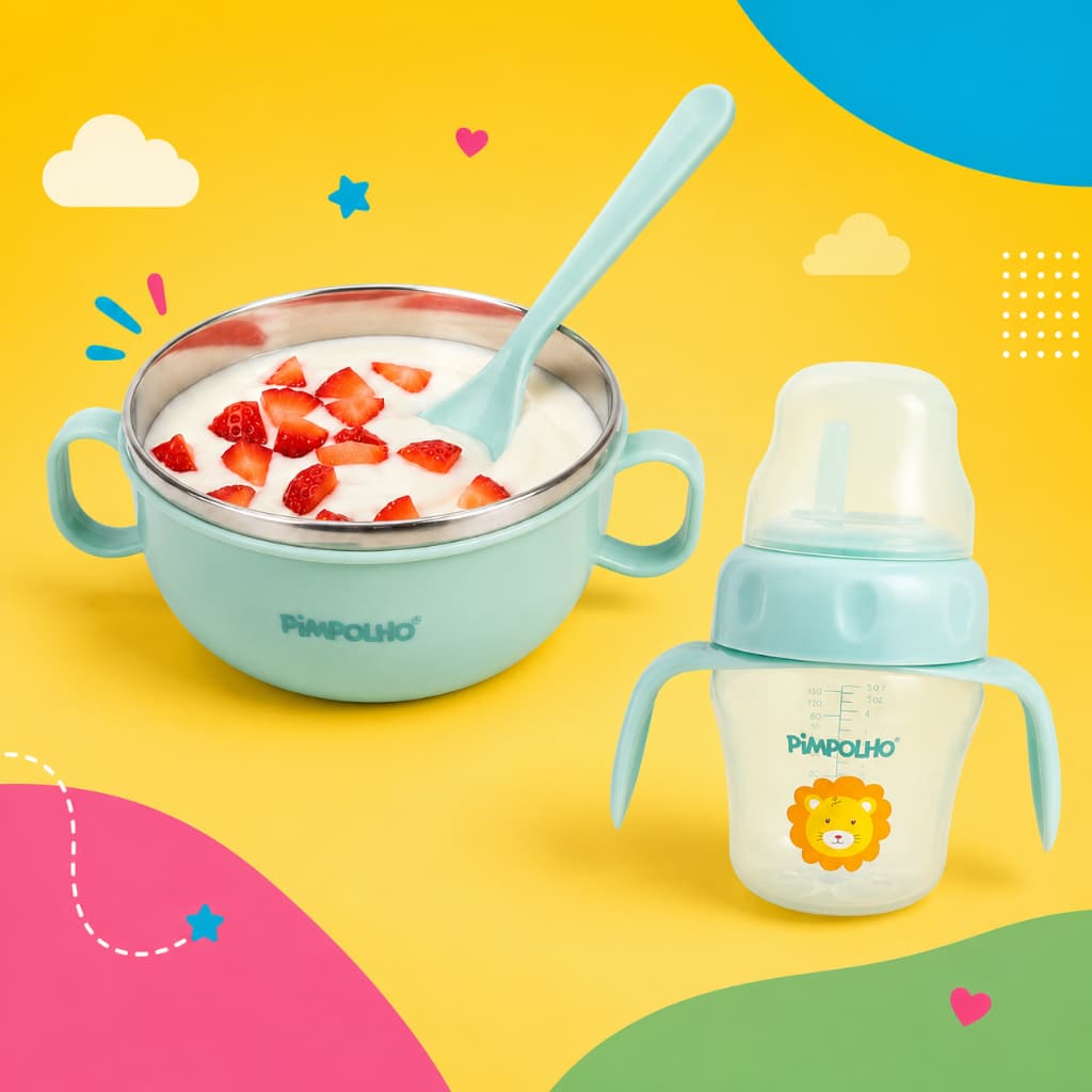 Kit Alimentação Refeição Tigela Em Inox 300ml Colher Tampa Copo 150ml Pimpolho Azul