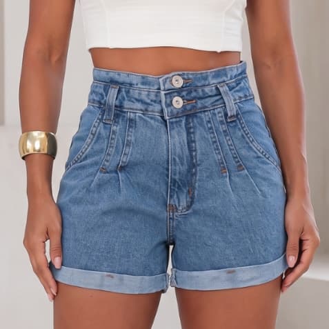SHORT JEANS FECHAMENTO COM BOTÃO DUPLO FEMININO BARRA DOBRADA E PINÇAS