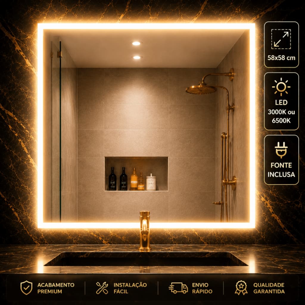 Espelho LED Banheiro 58x58 Quadrado Lapidado | Luz Quente ou Fria | Fonte e Suporte Inclusos