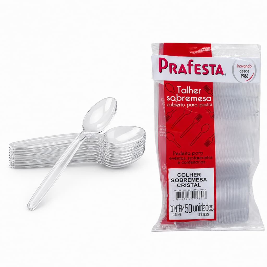 50 a 300 Colheres Sobremesa Transparente Cristal Descartável para Doces e Bolos Açai Prafesta