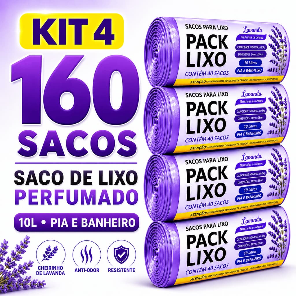 Kit 4 Rolos Sacos de Lixo Perfumado Lavanda 10L 160 Unidades Anti Odor Resistente Pia e Banheiro