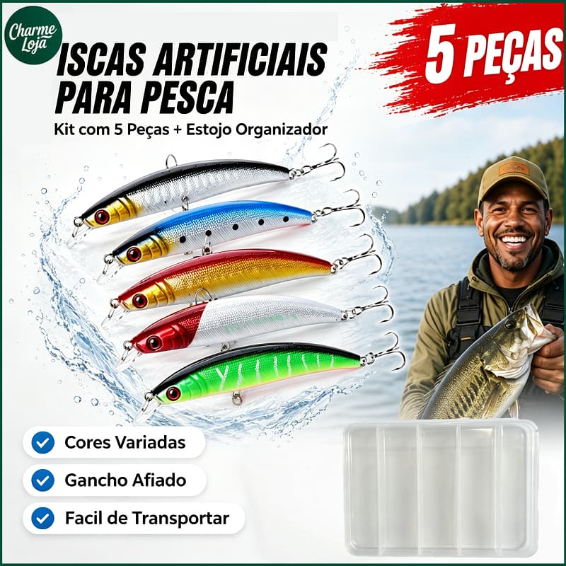 Kit 5 Iscas Artificiais Minnow Realista 9cm 8grams com Estojo Organizador Gancho Afiado para Pesca