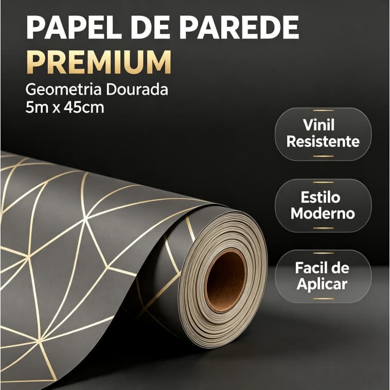 Papel de Parede Adesivo Geométrico Preto Ouro 5m×45cm Vinil Impermeável Sem Resíduo Sala Quarto Moderno