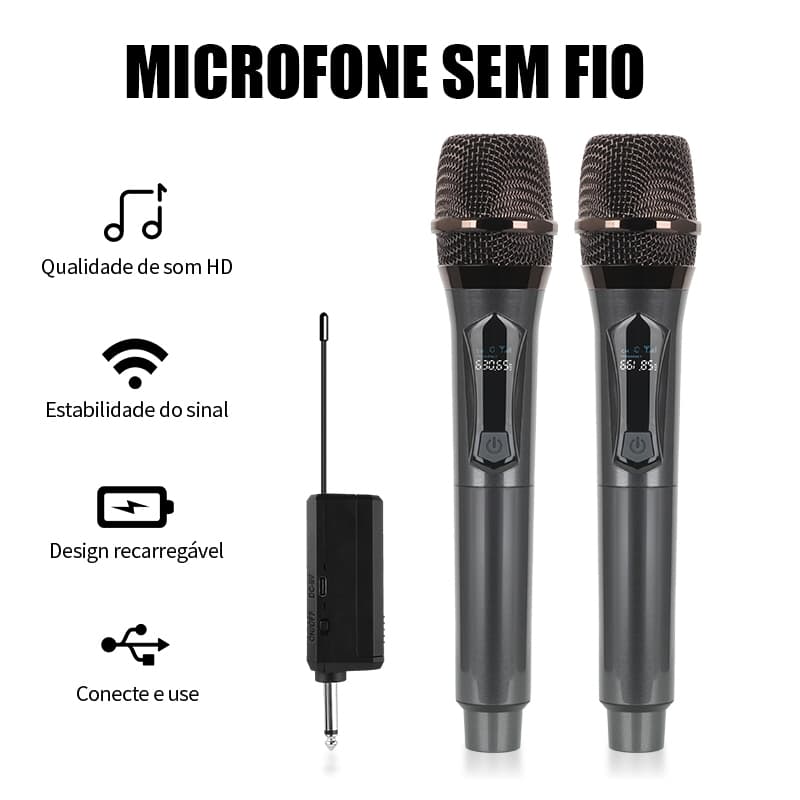 Microfone Sem Fio Preto UHF Cancelamento Ruído Microfone Dinâmico para Cantar Palestra Eventos Recarregável