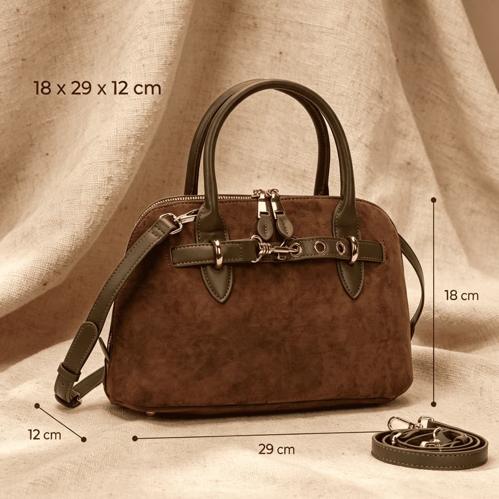 Bolsa Brigitte Satchel Feminina Suede Estruturada com Fivela Metálica Dourada